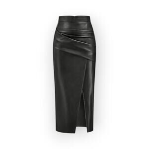 Commense Black Ruched Faux Leather Midi Skirt Front Slit XL Modern Chic